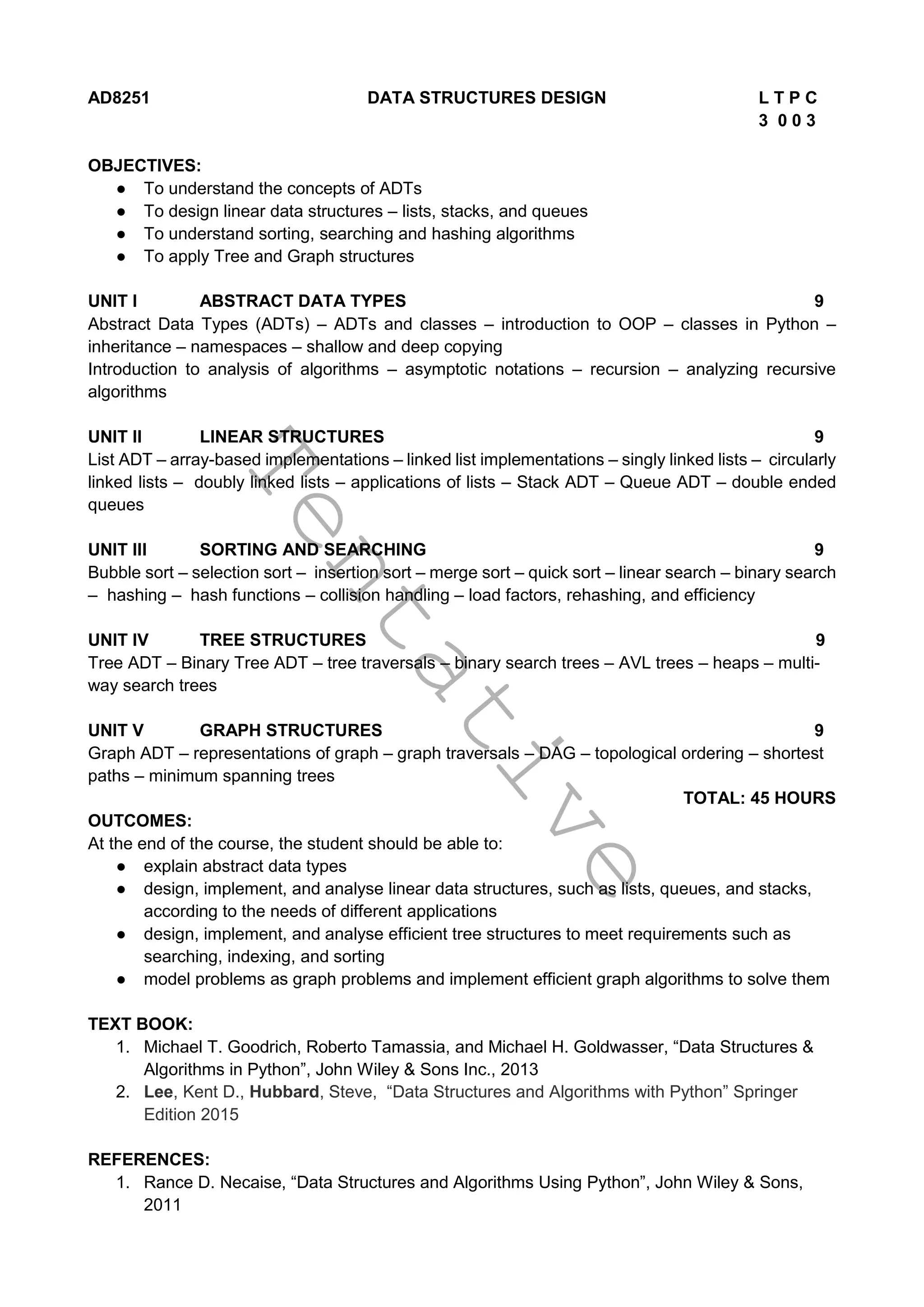 T
e
n
t
a
t
i
v
e
AD8251 DATA STRUCTURES DESIGN L T P C
3 0 0 3
OBJECTIVES:
● To understand the concepts of ADTs
● To design linear data structures – lists, stacks, and queues
● To understand sorting, searching and hashing algorithms
● To apply Tree and Graph structures
UNIT I ABSTRACT DATA TYPES 9
Abstract Data Types (ADTs) – ADTs and classes – introduction to OOP – classes in Python –
inheritance – namespaces – shallow and deep copying
Introduction to analysis of algorithms – asymptotic notations – recursion – analyzing recursive
algorithms
UNIT II LINEAR STRUCTURES 9
List ADT – array-based implementations – linked list implementations – singly linked lists – circularly
linked lists – doubly linked lists – applications of lists – Stack ADT – Queue ADT – double ended
queues
UNIT III SORTING AND SEARCHING 9
Bubble sort – selection sort – insertion sort – merge sort – quick sort – linear search – binary search
– hashing – hash functions – collision handling – load factors, rehashing, and efficiency
UNIT IV TREE STRUCTURES 9
Tree ADT – Binary Tree ADT – tree traversals – binary search trees – AVL trees – heaps – multi-
way search trees
UNIT V GRAPH STRUCTURES 9
Graph ADT – representations of graph – graph traversals – DAG – topological ordering – shortest
paths – minimum spanning trees
TOTAL: 45 HOURS
OUTCOMES:
At the end of the course, the student should be able to:
● explain abstract data types
● design, implement, and analyse linear data structures, such as lists, queues, and stacks,
according to the needs of different applications
● design, implement, and analyse efficient tree structures to meet requirements such as
searching, indexing, and sorting
● model problems as graph problems and implement efficient graph algorithms to solve them
TEXT BOOK:
1. Michael T. Goodrich, Roberto Tamassia, and Michael H. Goldwasser, “Data Structures &
Algorithms in Python”, John Wiley & Sons Inc., 2013
2. Lee, Kent D., Hubbard, Steve, “Data Structures and Algorithms with Python” Springer
Edition 2015
REFERENCES:
1. Rance D. Necaise, “Data Structures and Algorithms Using Python”, John Wiley & Sons,
2011
 