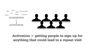 To figure out how to move users from one state to the next.
GROWTH HACKER’S JOB:
CREATES AN ACCOUNT VISITS AGAIN LATER
???
 