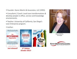  Founder: Karen Martin & Associates, LLC (1993).
 Consultant / Coach: Lead Lean transformations & 
develop people in office, service and knowledge 
environments.
 Teacher: University of California, San Diego’s 
Lean Enterprise program.
 Author:


                                                     Karen Martin, 
                                                       Principal




  Just released!    2nd Edition 
                   October 2012!
 