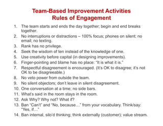 Team-Based Improvement Activities
                Rules of Engagement
1. The team starts and ends the day together; begin and end breaks
    together.
2. No interruptions or distractions – 100% focus; phones on silent; no
    email; no texting.
3. Rank has no privilege.
4. Seek the wisdom of ten instead of the knowledge of one.
5. Use creativity before capital (in designing improvements).
6. Finger-pointing and blame has no place: “It is what it is.”
7. Respectful disagreement is encouraged. (It’s OK to disagree; it’s not
    OK to be disagreeable.)
8. No veto power from outside the team.
9. No silent objectors; don’t leave in silent disagreement.
10. One conversation at a time; no side bars.
11. What’s said in the room stays in the room.
12. Ask Why? Why not? What if?
13. Ban “Can’t” and “No, because…” from your vocabulary. Think/say:
    “Yes, if…”
14. Ban internal, silo’d thinking; think externally (customer); value stream.
                                                                           25
 