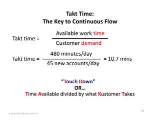 Takt Time:                 
                                   The Key to Continuous Flow
                                         Available work time
    Takt time = 
                                         Customer demand
                       480 minutes/day
    Takt time =                                         = 10.7 mins
                    45 new accounts/day

                                 “Touch Down”
                                       OR…
                  Time Available divided by what Kustomer Takes

                                                                         27
© Karen Martin & Associates, LLC
 