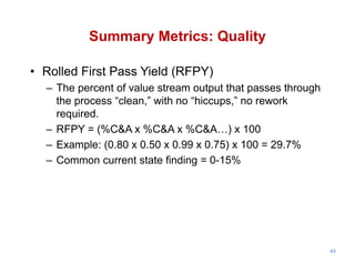 Summary Metrics: Quality

• Rolled First Pass Yield (RFPY)
  – The percent of value stream output that passes through
    the process “clean,” with no “hiccups,” no rework
    required.
  – RFPY = (%C&A x %C&A x %C&A…) x 100
  – Example: (0.80 x 0.50 x 0.99 x 0.75) x 100 = 29.7%
  – Common current state finding = 0-15%




                                                             43
 