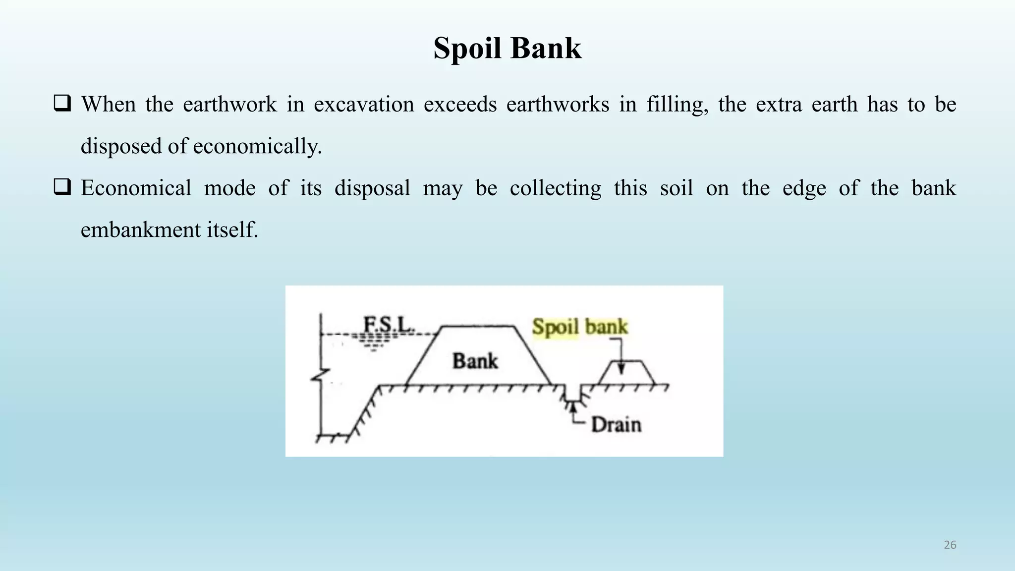 Spoil Bank
 When the earthwork in excavation exceeds earthworks in filling, the extra earth has to be
disposed of economically.
 Economical mode of its disposal may be collecting this soil on the edge of the bank
embankment itself.
26
 