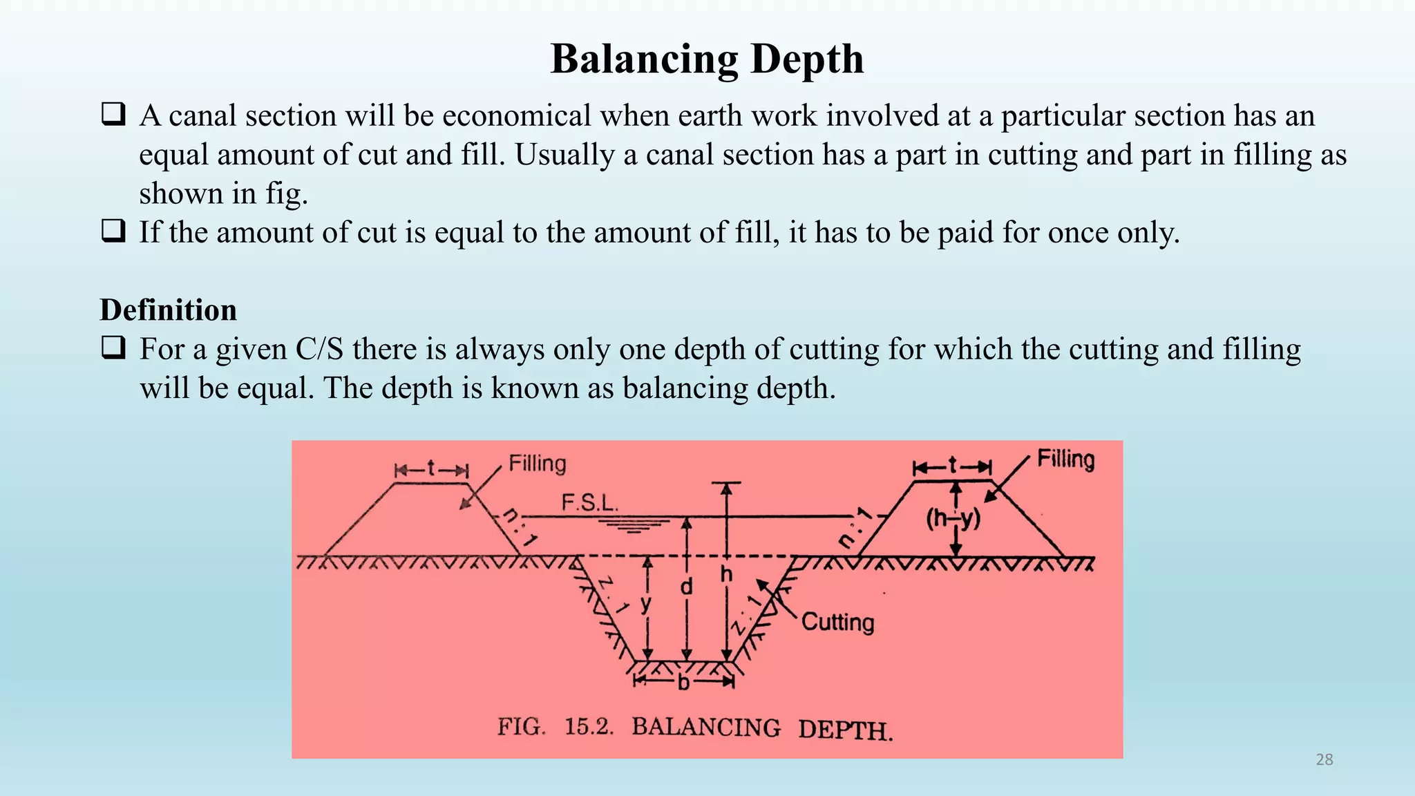 Balancing Depth
28
 A canal section will be economical when earth work involved at a particular section has an
equal amount of cut and fill. Usually a canal section has a part in cutting and part in filling as
shown in fig.
 If the amount of cut is equal to the amount of fill, it has to be paid for once only.
Definition
 For a given C/S there is always only one depth of cutting for which the cutting and filling
will be equal. The depth is known as balancing depth.
 