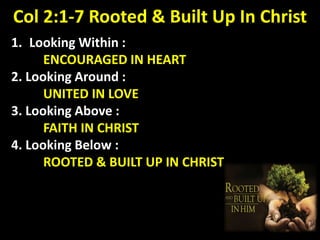 Col 2:1-7 Rooted & Built Up In Christ
1. Looking Within :
ENCOURAGED IN HEART
2. Looking Around :
UNITED IN LOVE
3. Looking Above :
FAITH IN CHRIST
4. Looking Below :
ROOTED & BUILT UP IN CHRIST
 