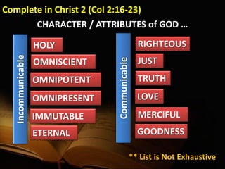 Complete in Christ 2 (Col 2:16-23)
HOLY RIGHTEOUS
OMNISCIENT
OMNIPOTENT
OMNIPRESENT
IMMUTABLE
JUST
ETERNAL
TRUTH
CHARACTER / ATTRIBUTES of GOD …
LOVE
MERCIFUL
GOODNESS
Communicable
Incommunicable
** List is Not Exhaustive
 