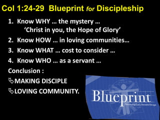 Col 1:24-29 Blueprint for Discipleship
1. Know WHY … the mystery …
‘Christ in you, the Hope of Glory’
2. Know HOW … in loving communities…
3. Know WHAT … cost to consider …
4. Know WHO … as a servant …
Conclusion :
MAKING DISCIPLE
LOVING COMMUNITY.
 