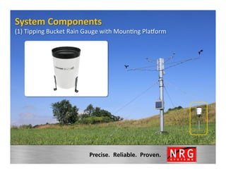 System	
  Components	
  
                                                                      	
  
(1)	
  Tipping	
  Bucket	
  Rain	
  Gauge	
  with	
  MounVng	
  Pla^orm
 