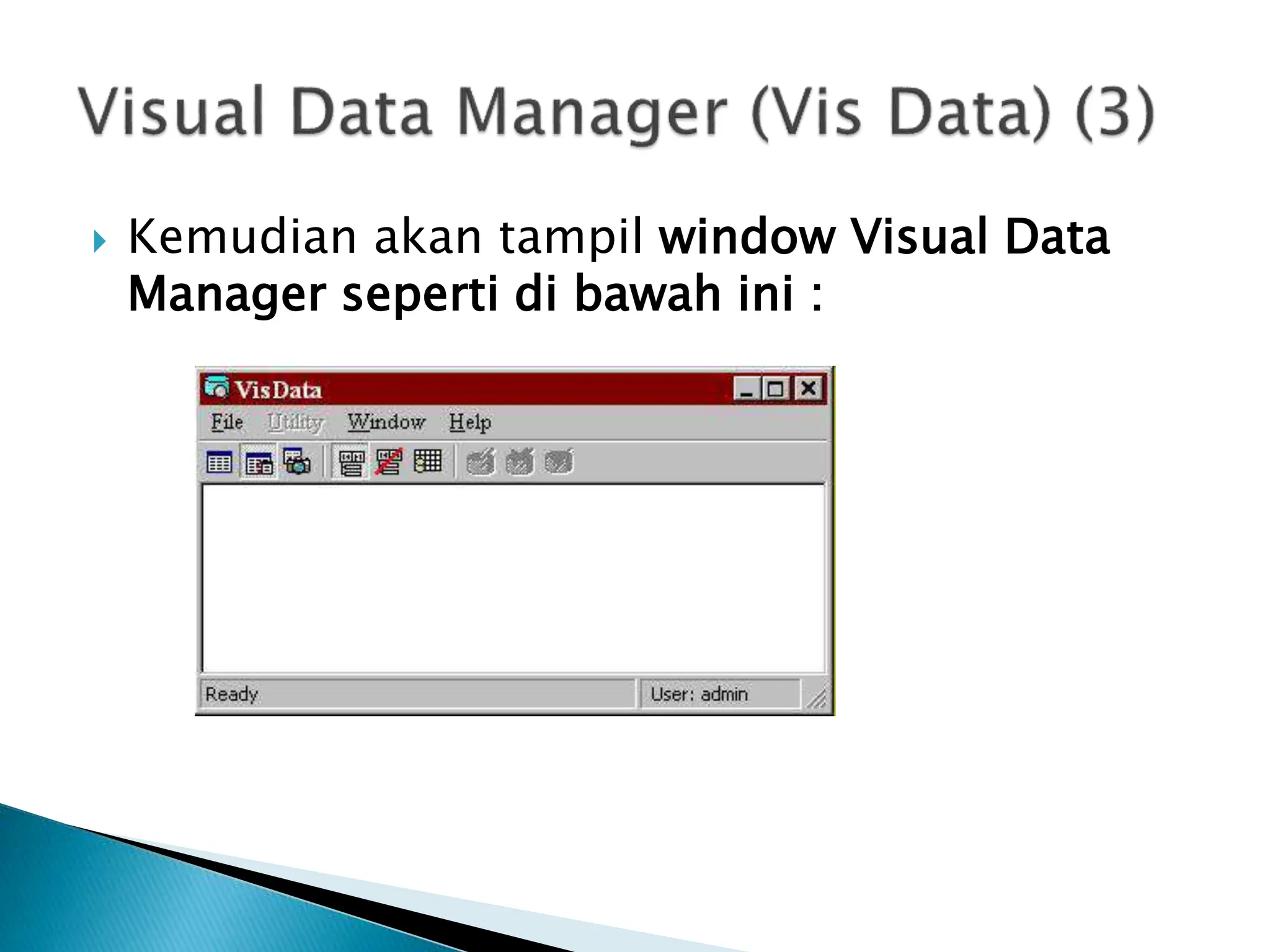 Kemudian akan tampil window Visual Data
Manager seperti di bawah ini :
 