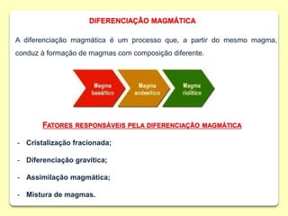 - Cristalização fracionada;
- Diferenciação gravítica;
- Assimilação magmática;
- Mistura de magmas.
FATORES RESPONSÁVEIS PELA DIFERENCIAÇÃO MAGMÁTICA
A diferenciação magmática é um processo que, a partir do mesmo magma,
conduz à formação de magmas com composição diferente.
DIFERENCIAÇÃO MAGMÁTICA
 