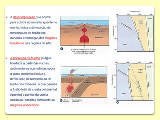  A descompressão que ocorre
pela subida do material quente no
manto, induz a diminuição da
temperatura de fusão dos
minerais e formação dos magmas
basálticos nas regiões de rifte;
 A presença de fluidos (a água
libertada a partir das rochas
sedimentares acumuladas sobre
a placa oceânica) induz a
diminuição da temperatura de
fusão dos minerais, o que permite
a fusão total da crosta continental
(granito) e parcial da crosta
oceânica (basalto), formando-se
magmas andesíticos.
 