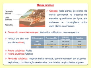  Génese: fusão parcial de rochas da
crosta continental, na presença de
elevadas quantidades de água, em
ambiente de convergência entre
duas placas continentais.
MAGMA RIOLÍTICO
 Possui um alto teor
em sílica (ácido);
 Rocha vulcânica: Riolito
 Rocha plutónica: Granito
 Atividade vulcânica: magmas muito viscosos, que se traduzem em erupções
explosivas, com libertação de elevadas quantidades de piroclastos e gases.
 Composto essencialmente por: feldspatos potássicos, micas e quartzo;
 
