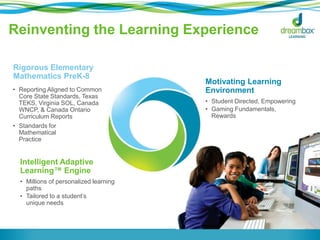 Reinventing the Learning Experience 
Intelligent Adaptive 
Learning™ Engine 
• Millions of personalized learning 
paths 
• Tailored to a student’s 
unique needs 
Motivating Learning 
Environment 
• Student Directed, Empowering 
• Gaming Fundamentals, 
Rewards 
Rigorous Elementary 
Mathematics PreK-8 
• Reporting Aligned to Common 
Core State Standards, Texas 
TEKS, Virginia SOL, Canada 
WNCP, & Canada Ontario 
Curriculum Reports 
• Standards for 
Mathematical 
Practice 
 
