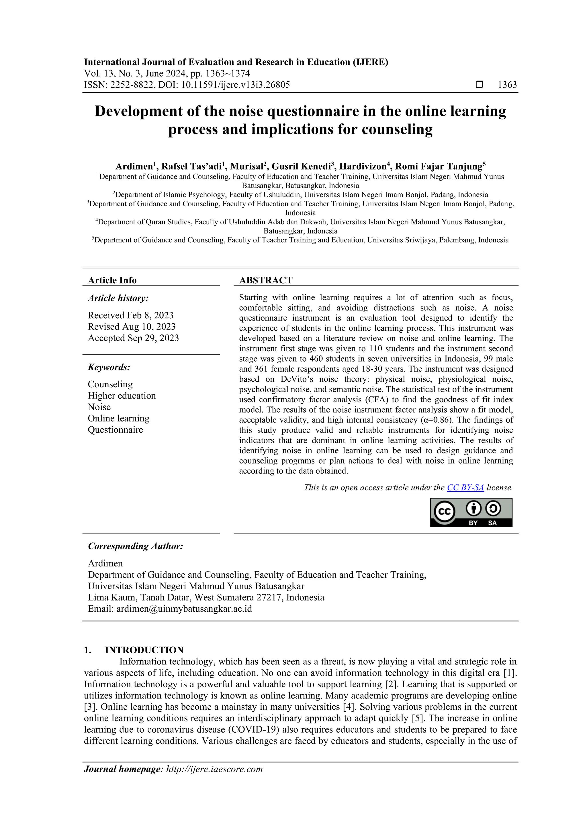 Development of the noise questionnaire in the online learning process ...