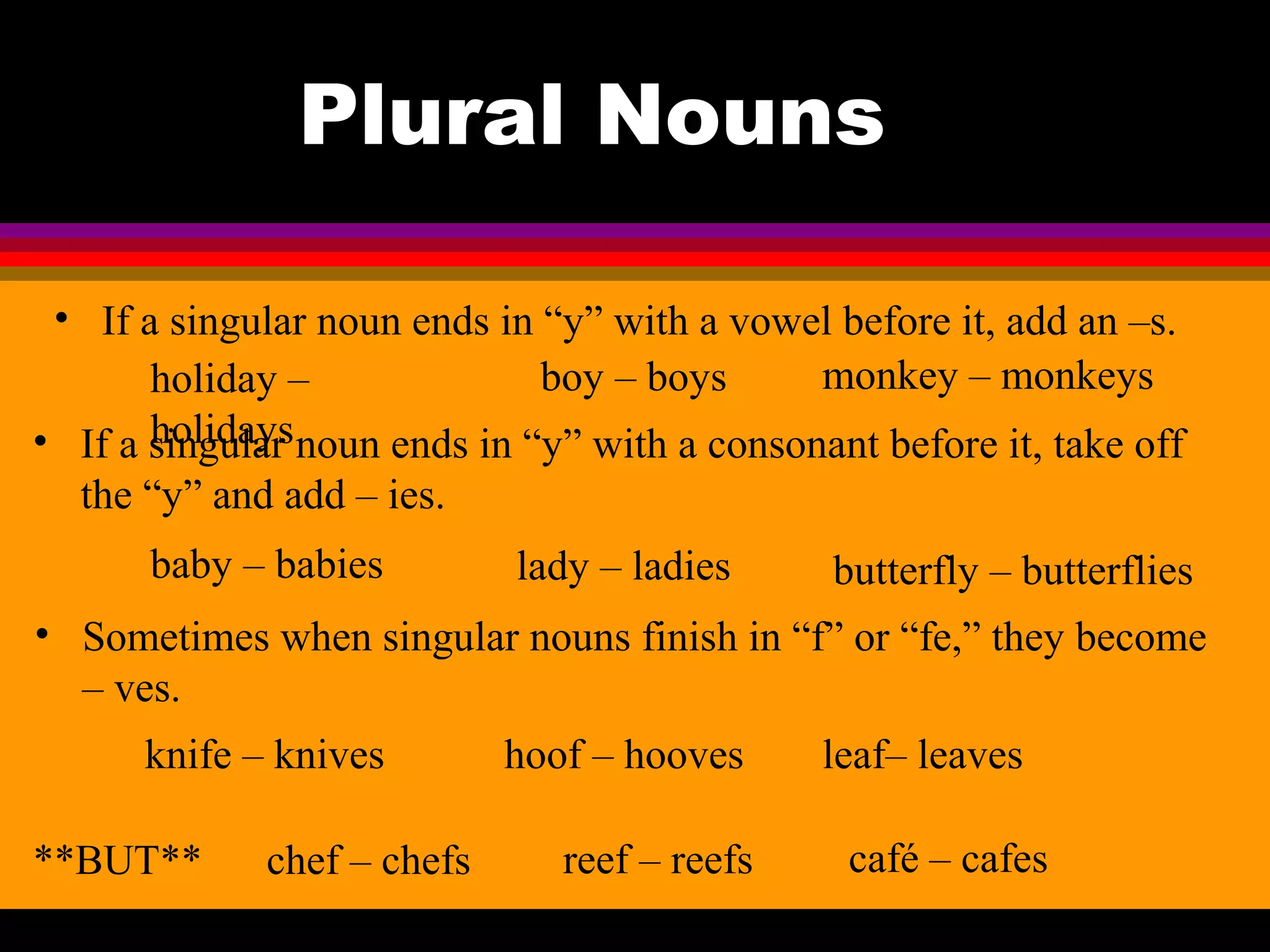 Plural Nouns

 • If a singular noun ends in “y” with a vowel before it, add an –s.
       holiday –              boy – boys      monkey – monkeys
       holidays
• If a singular noun ends in “y” with a consonant before it, take off
  the “y” and add – ies.
       baby – babies         lady – ladies     butterfly – butterflies
• Sometimes when singular nouns finish in “f” or “fe,” they become
  – ves.
      knife – knives         hoof – hooves     leaf– leaves

**BUT**       chef – chefs      reef – reefs    café – cafes
 