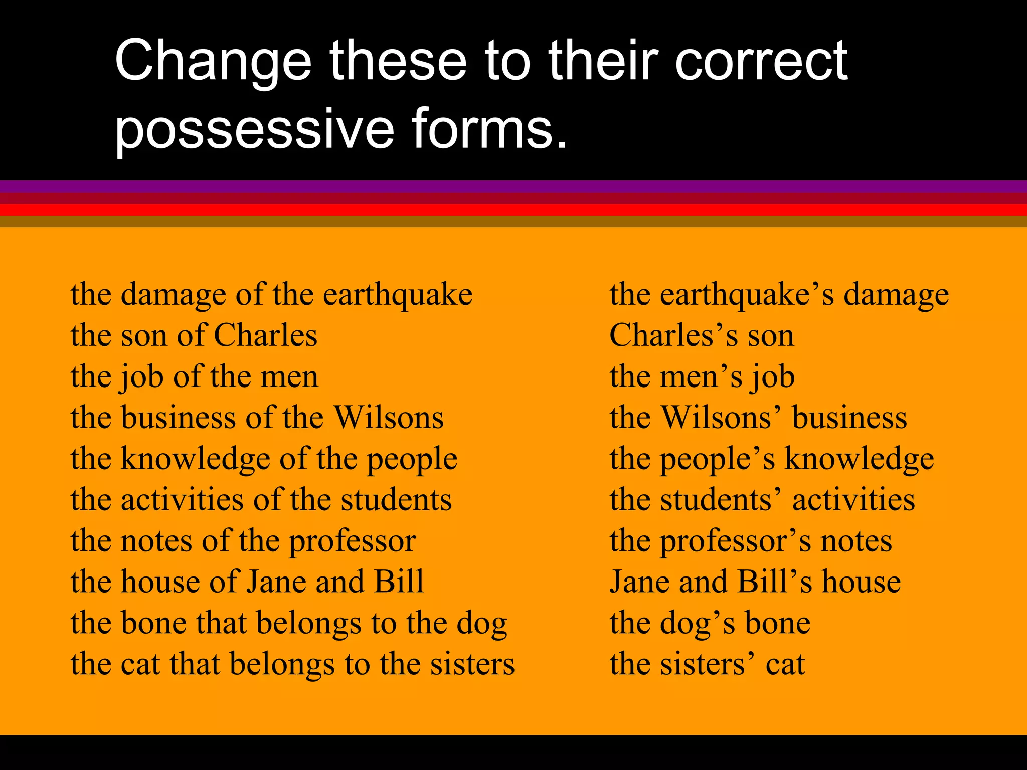 Change these to their correct
   possessive forms.

the damage of the earthquake          the earthquake’s damage
the son of Charles                    Charles’s son
the job of the men                    the men’s job
the business of the Wilsons           the Wilsons’ business
the knowledge of the people           the people’s knowledge
the activities of the students        the students’ activities
the notes of the professor            the professor’s notes
the house of Jane and Bill            Jane and Bill’s house
the bone that belongs to the dog      the dog’s bone
the cat that belongs to the sisters   the sisters’ cat
 