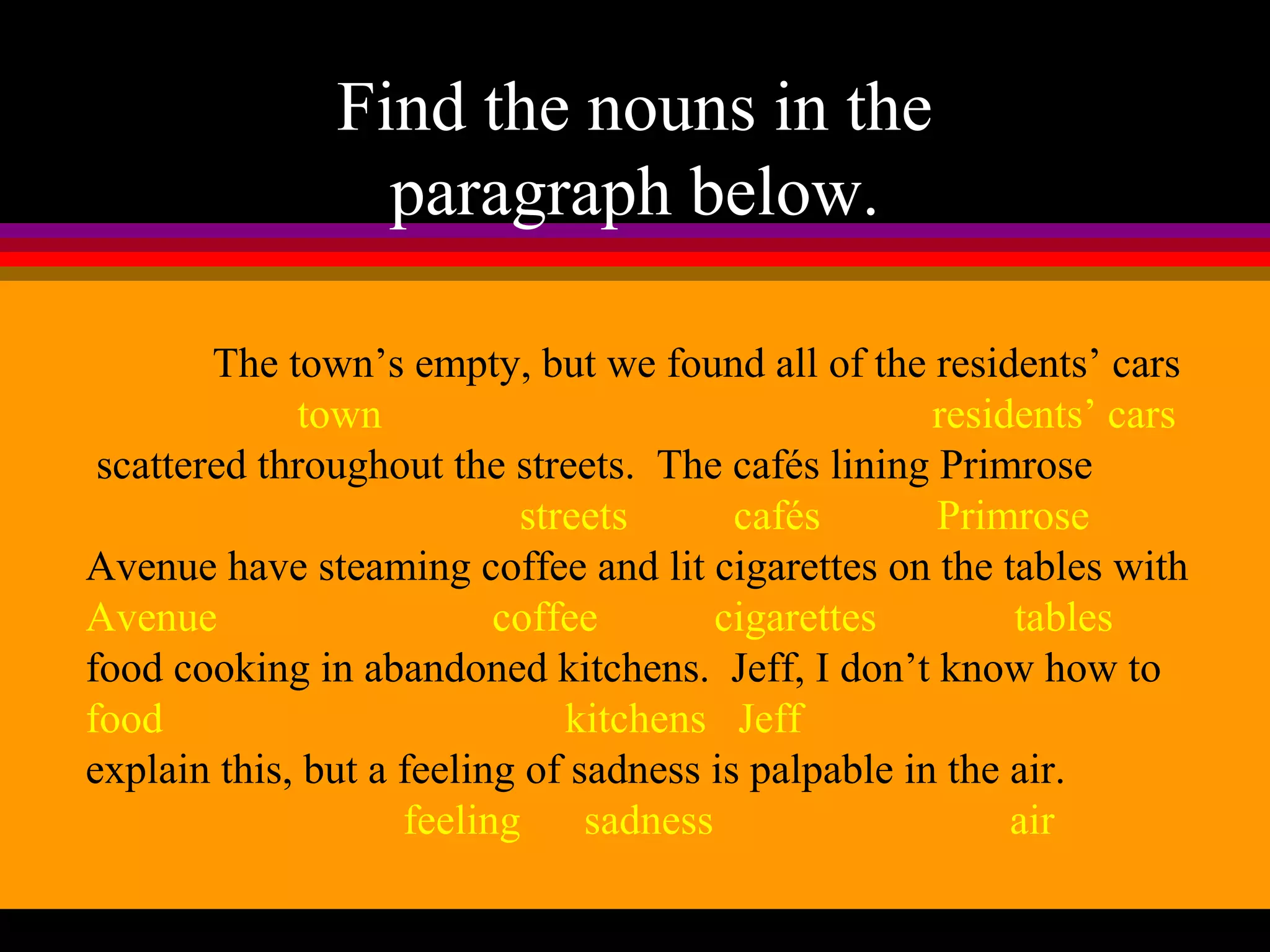 Find the nouns in the
                 paragraph below.

        The town’s empty, but we found all of the residents’ cars
             town                                    residents’ cars
 scattered throughout the streets. The cafés lining Primrose
                           streets       cafés       Primrose
Avenue have steaming coffee and lit cigarettes on the tables with
Avenue                    coffee        cigarettes        tables
food cooking in abandoned kitchens. Jeff, I don’t know how to
food                          kitchens Jeff
explain this, but a feeling of sadness is palpable in the air.
                    feeling     sadness                   air
 
