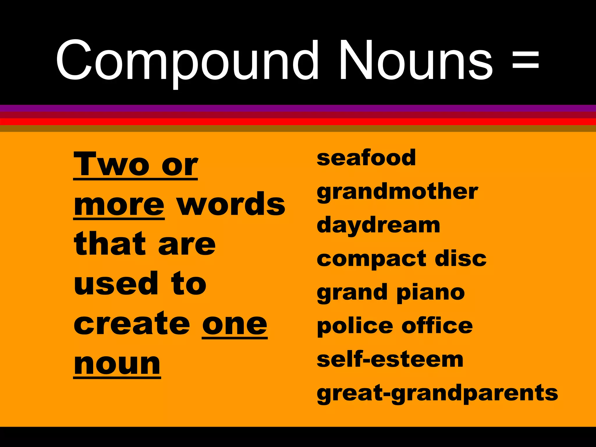 Compound Nouns =
Two or       seafood
             grandmother
more words
             daydream
that are     compact disc
used to      grand piano
create one   police office
noun         self-esteem
             great-grandparents
 