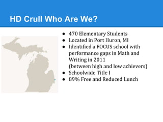 HD Crull Who Are We? 
● 470 Elementary Students 
● Located in Port Huron, MI 
● Identified a FOCUS school with 
performance gaps in Math and 
Writing in 2011 
(between high and low achievers) 
● Schoolwide Title I 
● 89% Free and Reduced Lunch 
 