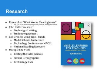 Research 
● Researched “What Works Clearinghouse” 
o http://ies.ed.gov/ncee/wwc/pdf/practice_guides/rti_math_pg_042109.pdf 
● John Hattie’s research 
o Student goal setting 
o Student engagement 
● Conferences using Title I Funds 
o Model Schools Conference 
o Technology Conferences- MACUL 
o National Reading Recovery 
● Multiple Site Visits 
o Beating the Odds schools 
o Similar Demographics 
o Technology Rich 
 
