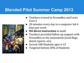 Blended Pilot Summer Camp 2013 
● Teachers trained in DreamBox and Lexia 
Core 5 
● 20 minutes every day in a computer lab 4 
days per week 
● NO direct instruction in math 
● Teachers provided follow up support with 
DreamBox as the assessment (used flags, 
detail reports, etc) 
● Served 100 Students ages 4-12 
● Targeted bottom 30% of Students 
 