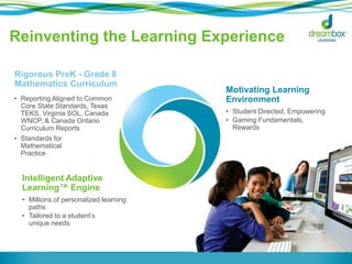 Reinventing the Learning Experience 
Intelligent Adaptive 
Learning™ Engine 
• Millions of personalized learning 
paths 
• Tailored to a student’s 
unique needs 
Motivating Learning 
Environment 
• Student Directed, Empowering 
• Gaming Fundamentals, 
Rewards 
Rigorous PreK - Grade 8 
Mathematics Curriculum 
• Reporting Aligned to Common 
Core State Standards, Texas 
TEKS, Virginia SOL, Canada 
WNCP, & Canada Ontario 
Curriculum Reports 
• Standards for 
Mathematical 
Practice 
 