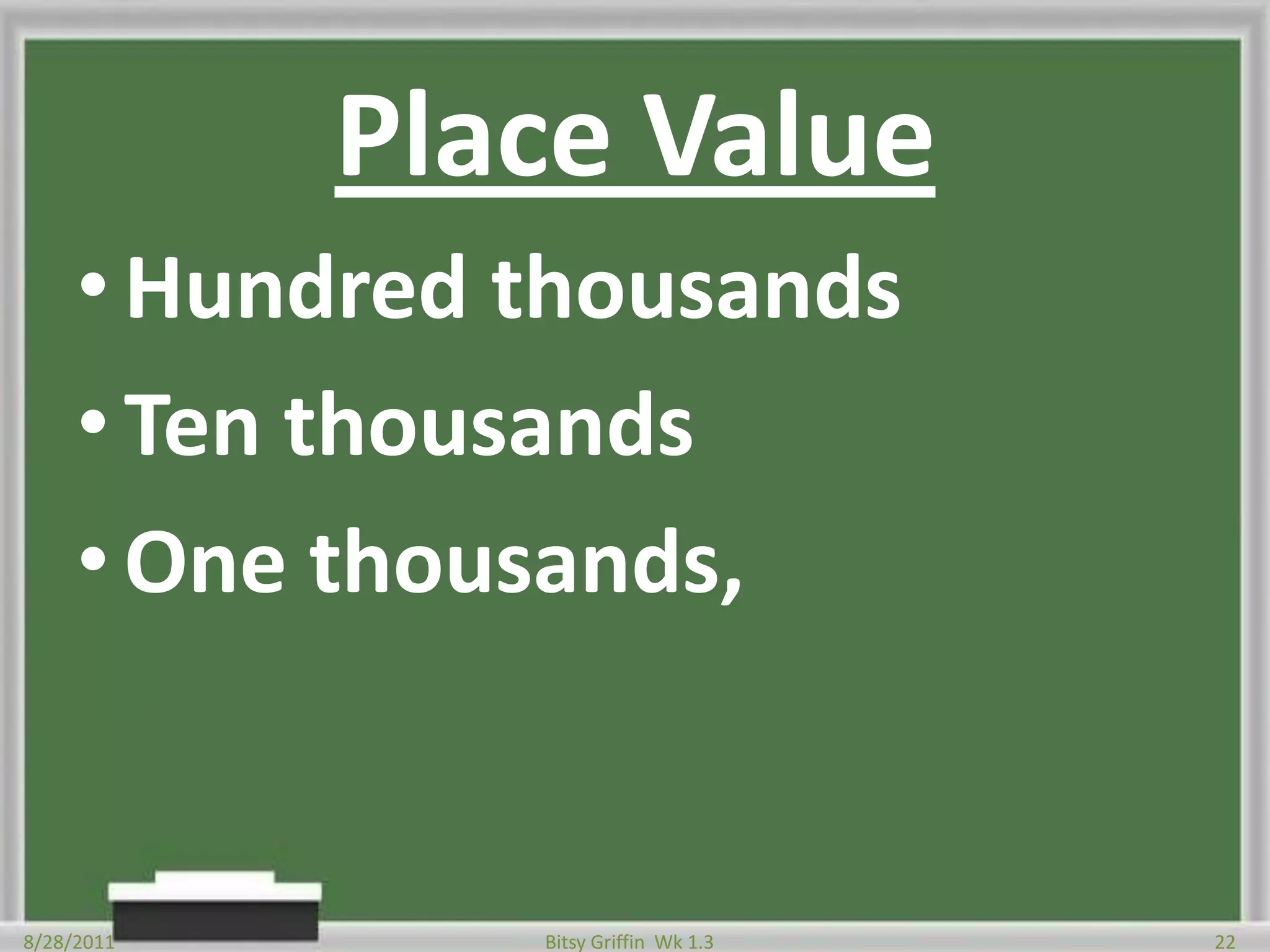 Place ValueHundred thousandsTen thousandsOne thousands,8/28/201122Bitsy Griffin  Wk 1.3