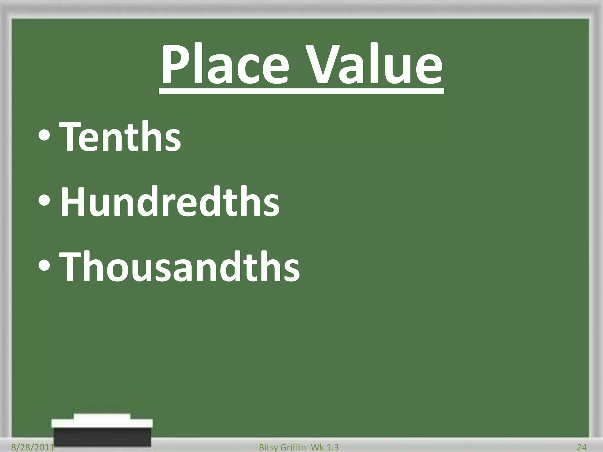 Place ValueTenthsHundredthsThousandths8/28/201124Bitsy Griffin  Wk 1.3