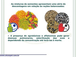 As misturas de sementes apresentam uma série de
   desvantagens em relação às rações balanceadas:




• A presença de agrotóxicos e aflatoxinas pode gerar
doenças   pulmonares,   esterilização   das   aves e
dependendo da concentração até levá-las à morte.
 