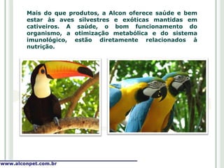 Mais do que produtos, a Alcon oferece saúde e bem
estar às aves silvestres e exóticas mantidas em
cativeiros. A saúde, o bom funcionamento do
organismo, a otimização metabólica e do sistema
imunológico, estão diretamente relacionados à
nutrição.
 