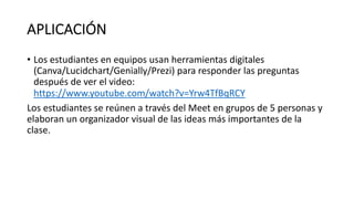 APLICACIÓN
• Los estudiantes en equipos usan herramientas digitales
(Canva/Lucidchart/Genially/Prezi) para responder las preguntas
después de ver el video:
https://www.youtube.com/watch?v=Yrw4TfBqRCY
Los estudiantes se reúnen a través del Meet en grupos de 5 personas y
elaboran un organizador visual de las ideas más importantes de la
clase.
 