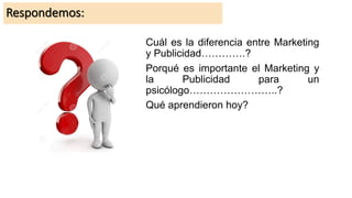 Respondemos:
Cuál es la diferencia entre Marketing
y Publicidad………….?
Porqué es importante el Marketing y
la Publicidad para un
psicólogo……………………..?
Qué aprendieron hoy?
 