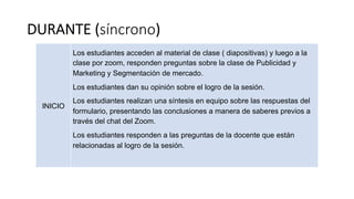 DURANTE (síncrono)
INICIO
Los estudiantes acceden al material de clase ( diapositivas) y luego a la
clase por zoom, responden preguntas sobre la clase de Publicidad y
Marketing y Segmentación de mercado.
Los estudiantes dan su opinión sobre el logro de la sesión.
Los estudiantes realizan una síntesis en equipo sobre las respuestas del
formulario, presentando las conclusiones a manera de saberes previos a
través del chat del Zoom.
Los estudiantes responden a las preguntas de la docente que están
relacionadas al logro de la sesión.
 