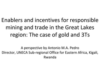 Enablers and incentives for responsible
mining and trade in the Great Lakes
region: The case of gold and 3Ts
A perspective by Antonio M.A. Pedro
Director, UNECA Sub-regional Office for Eastern Africa, Kigali,
Rwanda

 