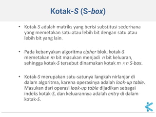 Kotak-S (S-box) 
•Kotak-S adalah matriks yang berisi substitusi sederhana yang memetakan satu atau lebih bit dengan satu atau lebih bit yang lain. 
•Pada kebanyakan algoritma cipher blok, kotak-S memetakan m bit masukan menjadi n bit keluaran, sehingga kotak-S tersebut dinamakan kotak m  n S-box. 
•Kotak-S merupakan satu-satunya langkah nirlanjar di dalam algoritma, karena operasinya adalah look-up table. Masukan dari operasi look-up table dijadikan sebagai indeks kotak-S, dan keluarannya adalah entry di dalam kotak-S.  