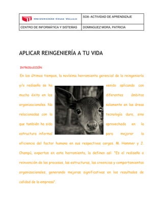 SO8- ACTIVIDAD DE APRENDIZAJE 
CENTRO DE INFORMÁTICA Y SISTEMAS DOMINGUEZ MORA, PATRICIA 
APLICAR REINGENIERÍA A TU VIDA 
INTRODUCCIÓN 
En los últimos tiempos, la novísima herramienta gerencial de la reingeniería y/o rediseño se ha venido aplicando con mucho éxito en los diferentes ámbitos organizacionales. No solamente en las áreas relacionadas con la tecnología dura, sino que también ha sido aprovechada en la estructura informal para mejorar la eficiencia del factor humano en sus respectivos cargos. M. Hammer y J. Champú, expertos en esta herramienta, la definen así: "Es el rediseño o reinvención de los procesos, las estructuras, las creencias y comportamientos organizacionales, generando mejoras significativas en los resultados de calidad de la empresa".  