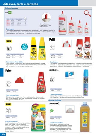 334
Adesivos, corte e correção
CÓD. CONTEÚDO
12913 30 ml
Cola transparente
Esponja dispensadora. Transparente, lavável, não pinga.
Para madeiras e demais materiais porosos. Cores sortidas.
CÓD. REF. CONTEÚDO
36473 PG04 56 ml 24
36474 PG02 150 ml 12
36475 PG03 250 ml 6
36476 PG01 1000 ml 1
Colas diversas
Cola branca
Cola branca de secagem rápida. Ideal para uso escolar e para trabalhos manuais, já
que é lavável e não tóxica. Não contém dissolventes e não é inflamável. Usos: papel,
madeira, cartão, pele, borracha e muitos outros materiais.
Cola branca Twist & Glue
Cola Universal transparente sem dissolventes. Embalagem única e
ergonómica. Lavável. Dispõe de um sistema exclusivo para aplicar a
cola em pontos, linhas ou superfícies amplas.
CÓD. CONTEÚDO
58691 100 ml
Cola branca UHU
Cola branca universal para manualidades.
Ideal para papel, cartão, materiais
naturais, feltro, tecidos, penas, pérolas,
madeira e muito mais. Completamente
transparente depois de seca.
Impermeabiliza.
Blister 100ml.
CÓD. CONTEÚDO SOLVENTES
38131 35 ml SIM
73008 35 ml NÃO
Com aplicador,
o que facilita o uso
sem manchar.
CÓD. CONTEÚDO
47538 50 g
47539 100 g
Cola branca
Cola branca, cola de forma rápida e fácil. A sua formula respeita o meio
ambiente ao não conter plastificantes. Uso: papel, madeira, cartão, pele,
tela e outros materiais. Apto para uso escolar, infantil e doméstico.
CÓD. CONTEÚDO
48205 100 g
Cola transparente
Cola Universal transparente. Para madeira, cartão, plástico, tela,
etc… O seu doseador tem duas formas de se colocar, em linha ou
mais grossa. Contém 90 grs.
CÓD. CONTEÚDO
05894 1000 ml
Cola Goma arábica
A cola goma arábica é uma cola
natural extraída da resina das árvores.
As suas características fazem da cola
arábica uma cola ideal para escolas,
bricolage e muitos outros usos. Apta
para uso infantil. Ecológica.
Goma arábica
 