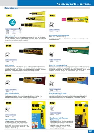 Adesivos, corte e correção
335
Cola universal
É a cola perfeita para os trabalhos quotidianos em casa, no escritório
ou para trabalhos manuais. Transparente, cristalina, limpa, fácil de usar
em praticamente todo tipo de materiais.
Cola Allplast
Cola transparente indicada para quase todos os plásticos (polietileno
e polipropileno que não podem ser colados com nenhuma cola).
Também indicada para metal, vidro, madeira, pele, porcelana, cerâmica
e mármore. Seca transparente. Flexível. Resistente ao calor.
Cola para trabalhos manuais
Ideal para trabalhos manuais.
Indicada para papel, cartão, cabedal, tecidos, flores secas, feltro,
ráfia e esferovite.
CÓD. CONTEÚDO
58689 20 g
Cola Por - para esferovite
Cola especialmente indicada para poliestireno expandido (esferovite)
de secagem rápida. Para a execução de maquetas, colagem de
aplicações decorativas de esferovite tais como molduras, tectos falsos,
lambrins, rosáceas, cornijas etc. Transparente após secagem.
Cola Power contact
Cola de contacto indicada para inúmeros materiais tais como:
madeira e derivados, vidro, porcelana, metal, feltro, cortiça, PVC
duro e outros plásticos. Super Forte. Colagem imediata.
Cola de Hart - para balsa
Cola especial para balsa e outras madeiras macias. Indicada para
modelismo, maquetes e artesanato. Transparente após secagem.
Secagem rápida. Aplicação fácil e precisa. Com ponta cónica.
Cola Power Multi-Funções
Transparente
Ideal para todos os tipos de reparações
caseiras e bricolage. Cola praticamente
todo o tipo de materiais: metal, vidro,
madeira, couro, tecidos, borracha,
plástico, vinil, feltro, cortiça, cerâmica,
porcelana e muito mais.
CÓD. CONTEÚDO
58696 33 ml
Cola UHU textile
Para a colagem de tecidos naturais
ou sintéticos, entre si ou sobre outros
suportes. Indicada para trabalhos de
decoração (cortinados), passamanaria,
reparações de vestuário (bainhas) e arte
aplicada. Blister 20 g.
CÓD. CONTEÚDO
58698 20 g
CÓD. CONTEÚDO
47385 50 g
CÓD. CONTEÚDO
47386 35 g
CÓD. CONTEÚDO
47383 33 g
CÓD. CONTEÚDO
47384 50 g
CÓD. CONTEÚDO
31218 21 ml 20
31219 33 ml 10
31220 125 ml 5
Colas diversas
 