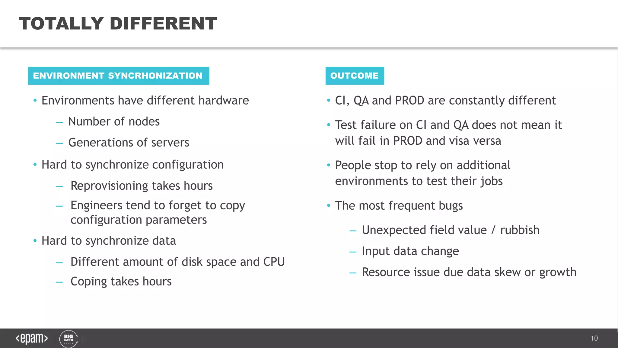 10
TOTALLY DIFFERENT
ENVIRONMENT SYNCRHONIZATION OUTCOME
• CI, QA and PROD are constantly different
• Test failure on CI and QA does not mean it
will fail in PROD and visa versa
• People stop to rely on additional
environments to test their jobs
• The most frequent bugs
– Unexpected field value / rubbish
– Input data change
– Resource issue due data skew or growth
• Environments have different hardware
– Number of nodes
– Generations of servers
• Hard to synchronize configuration
– Reprovisioning takes hours
– Engineers tend to forget to copy
configuration parameters
• Hard to synchronize data
– Different amount of disk space and CPU
– Coping takes hours
 