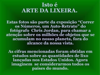 Isto é
       ARTE DA LIXEIRA.
Estas fotos são parte da exposição “Correr
     os Números, um Auto-Retrato” do
  fotógrafo Chris Jordan, para chamar a
atenção sobre os milhões de objetos que se
   acumulam no nosso planeta, fora do
          alcance da nossa vista.

 As cifras mencionadas foram obtidas em
   estudos sobre as quantidades de lixo
   lançadas nos Estados Unidos. Agora
  imaginem se considerarmos todos os
            países do mundo.
 