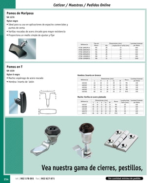 Cotizar / Muestras / Pedidos Online

 Pomos de Mariposa
 SR 1579
 Nylon negro
 • Ideal para su uso en aplicaciones de espacios comerciales y
   puntos de venta
 • Varillas roscadas de acero zincado para mayor resistencia
 • Proporciona un medio simple de ajustar y fijar


                                                                                   Tipo de                 Dimensiones (mm)               Cantidad Estándar
                                                                    Referencia
                                                                                    Rosca           Ala       Longitud de la varilla (mm)     por Bolsa
                                                                  KTSW-28M05M15      M5             28                   15                      500
                                                                  KTSW-28M05M25      M5             28                   25                      500
                                                                  KTSW-28M06M10      M6             28                   10                      500
                                                                  KTSW-28M06M25      M6             28                   25                      500
                                                                  KTSW-33M08M25      M8             33                   25                      300
                                                                  KTSW-33M08M35      M8             33                   35                     1000




 Pomos en T
 SR 1539
 Nylon 6 negro                                                   Hembra: Inserto en bronce
 • Macho: espárrago de acero roscado                                                           Dimensiones (mm)                          Cantidad Estándar
                                                                    Referencia                                                   Rosca
                                                                                    L         H        d      h1         W                   por Bolsa
 • Hembra: inserto de latón                                           466362       40         30      13      20         13      M5             100
                                                                      466363       50         25      14      16         16      M5             100
                                                                      466364       60         32      16      23         18      M6             100
                                                                      466365       71         34      18      19         19      M8             100
                                             L
                                                                      466366       80         40      26      26         27      M10            100

                                    H
                                                  h1             Macho: Varilla en acero plateado
                                                                                        Dimensiones (mm)                   Longitud del Cantidad Estándar
                                                                    Referencia                                   Rosca
                                                                                   L      H     d    h1    W                Clavo (mm)      por Bolsa
                                                                     466367       40      30   13    20    13      M5           20             100
                                             d                       466368       50      25   14    16    16      M5           20             100
                                                                     466369       60      32   16    23    18      M6           25             100
                                W                                    466370       71      34 18 19         19      M8           30             100
                                                                     466371       80      40   26    26    27      M10          40             100
                                         d




                                        Vea nuestra gama de cierres, pestillos,
254        tel | 902 178 001 fax | 902 627 871                                                             Sin cantidad mínima de pedido
 