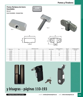 Pomos y Tiradores

Pomos Mariposa de Acero
                                              ACERO
Inoxidable
                                            INOXIDABLE
SR 5417
Acero Inoxidable - Acabado Mate




                                                                        Tipo 2
                                                                                                         Tipo 3
          Tipo 1




                                         Dimensiones (mm)                                   Longitud de Rosca     Tipo de   Cantidad Estándar
    Referencia       Tipo                                                   Tipo de Rosca
                                   D            H                 d1                              (mm)             Rosca        por Bolsa
     491368           1           25.0         10.0              8.0             M6                 -             Hembra           10
     491369           1           36.0         14.5              12.0            M8                 -             Hembra           20
     491370           2           25.0         10.0              8.0             M6                20             Macho            10
     491371           2           36.0         14.5              12.0            M8                32             Macho            20
     491372           2           36.0         14.5              12.0            M10               40             Macho            20
     491373           3           45.0         24.0              13.0            M6                 -             Hembra           10
     491374           3           45.0         24.0              13.0            M8                 -             Hembra           10
     491375           3           57.0         28.0              16.0            M8                 -             Hembra           20
     491376           3           57.0         28.0              16.0            M10                -             Hembra           20




y bisagras - páginas 110-193
   Disponibles bolsas parciales                             email | ventas@mossexpress.es          web | www.mossexpress.es                 255
 