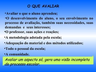 O QUE AVALIAR  Avaliar o que o aluno aprendeu; Avaliar um aspecto só, gera uma visão incompleta do processo escolar. O desenvolvimento do aluno, o seu envolvimento no processo de avaliação, também suas necessidades, suas demandas  e  seus interesses; O professor, suas ações e reações; A metodologia adotada pela escola;  Adequação do material e dos métodos utilizados; Todo o pessoal da escola; A comunidade. 