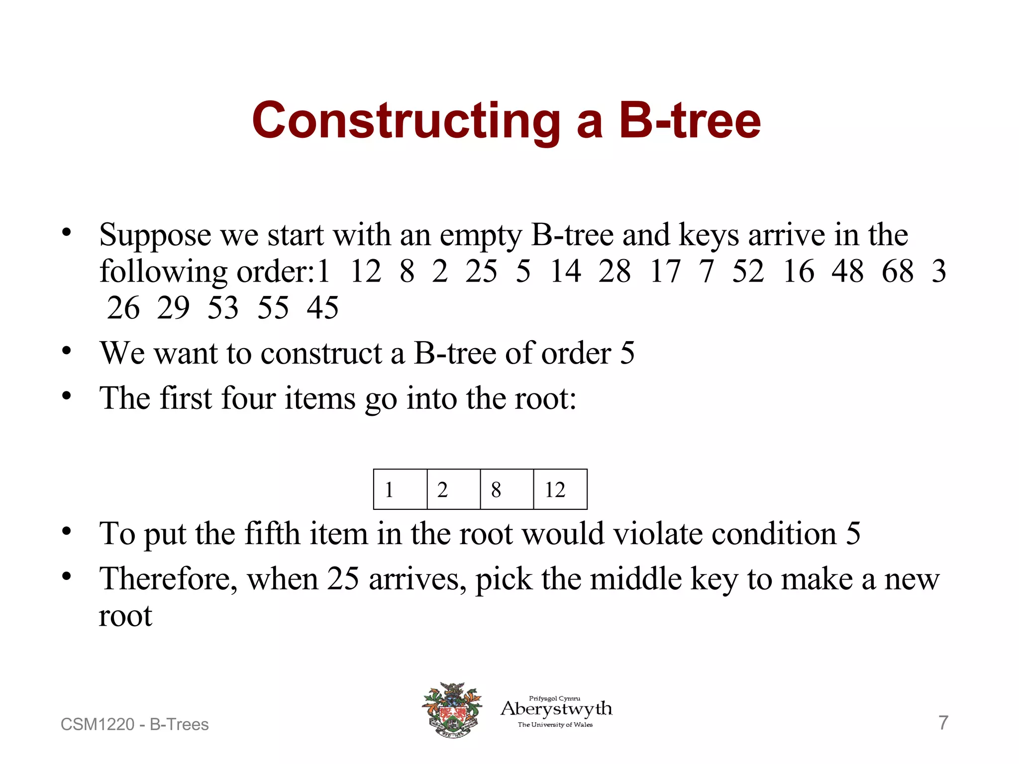 Suppose we start with an empty B-tree and keys arrive in the following order:1  12  8  2  25  5  14  28  17  7  52  16  48  68  3  26  29  53  55  45 We want to construct a B-tree of order 5 The first four items go into the root: To put the fifth item in the root would violate condition 5 Therefore, when 25 arrives, pick the middle key to make a new root Constructing a B-tree 1 2 8 12 
