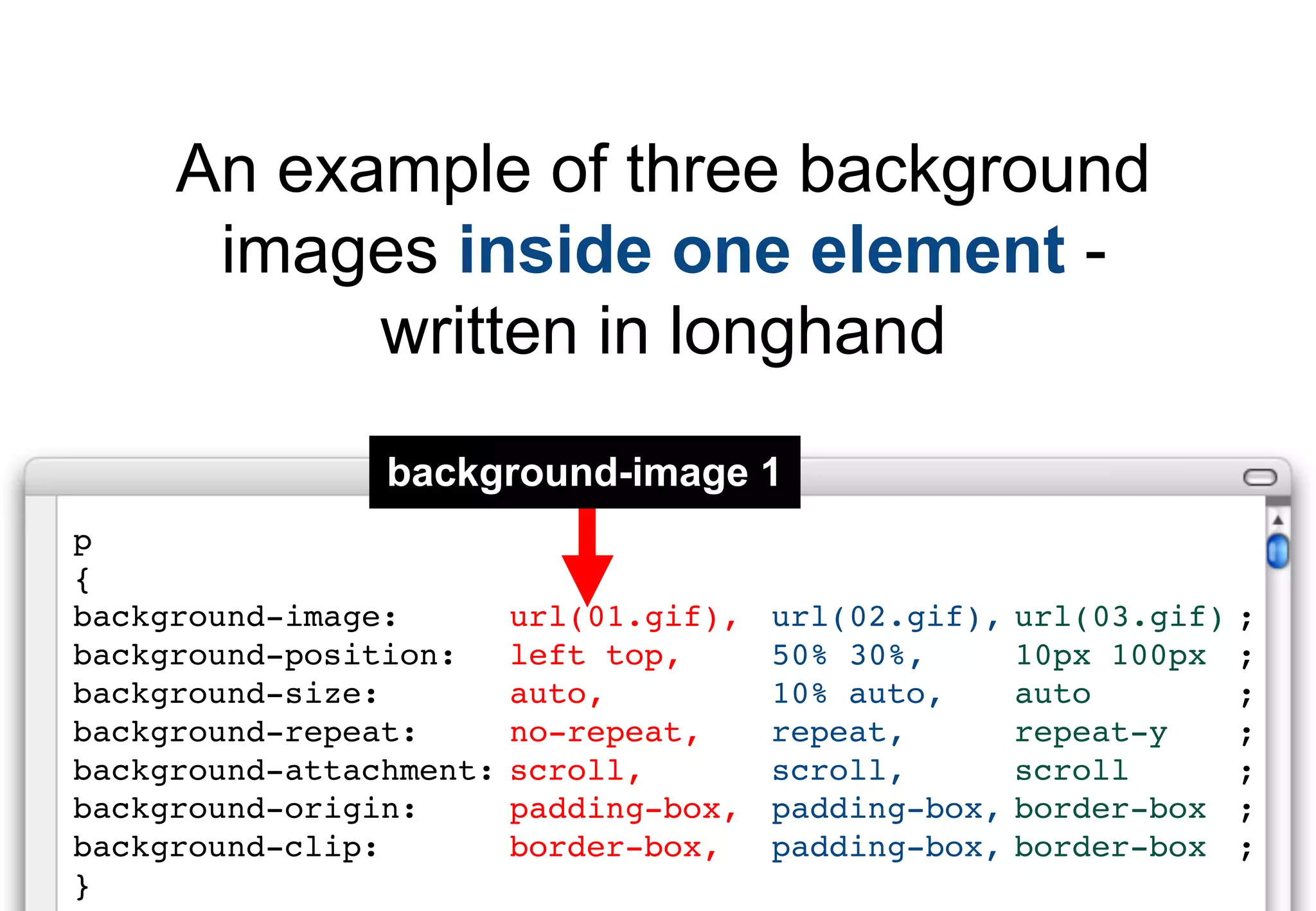 An example of three background
      images inside one element -
           written in longhand
                background-image 1
p
{
background-image:        url(01.gif),   url(02.gif),   url(03.gif)   ;
background-position:     left top,      50% 30%,       10px 100px    ;
background-size:         auto,          10% auto,      auto          ;
background-repeat:       no-repeat,     repeat,        repeat-y      ;
background-attachment:   scroll,        scroll,        scroll        ;
background-origin:       padding-box,   padding-box,   border-box    ;
background-clip:         border-box,    padding-box,   border-box    ;
}
 