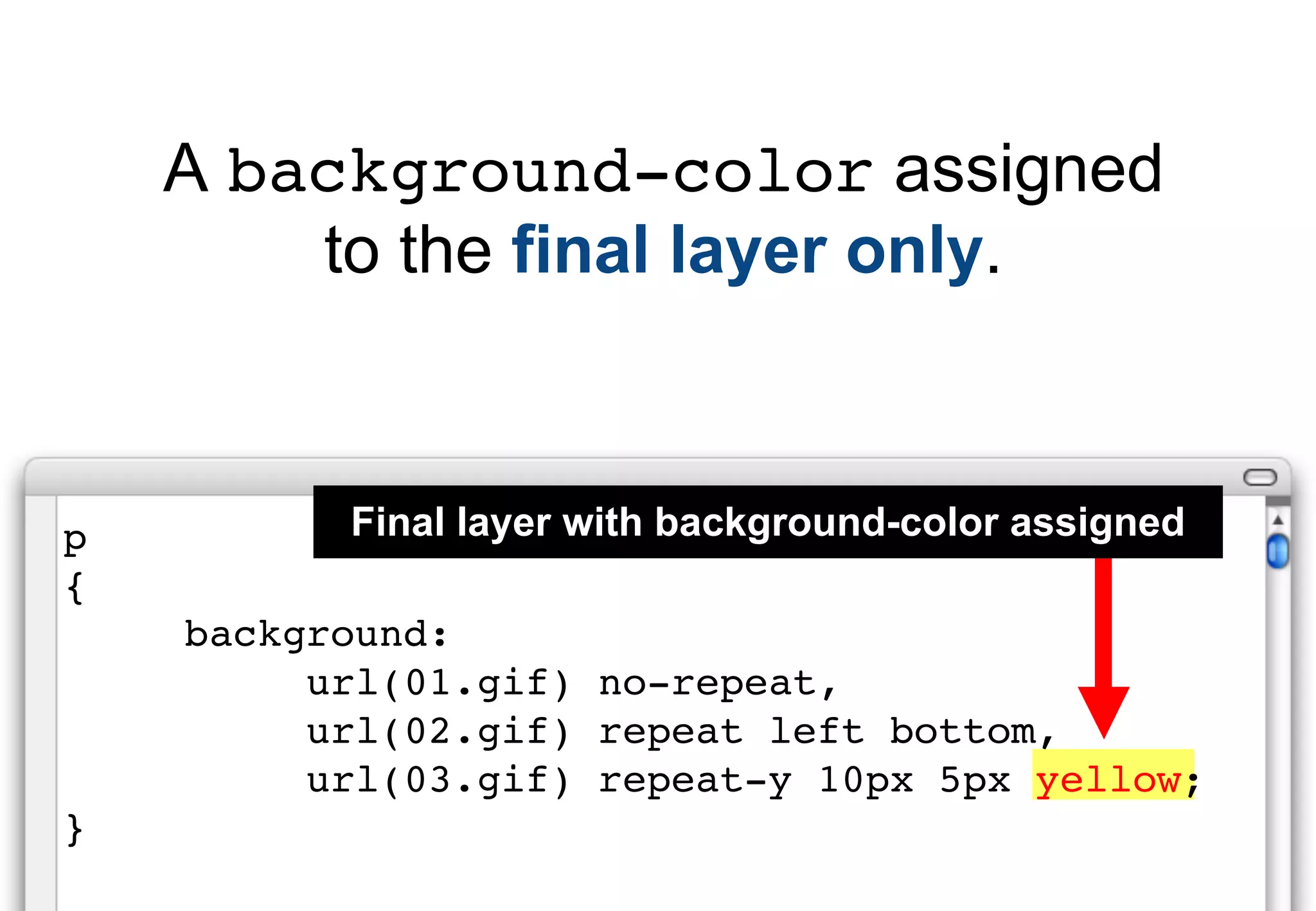 A background-color assigned
        to the final layer only.



p         Final layer with background-color assigned
{
    background:
         url(01.gif) no-repeat,
         url(02.gif) repeat left bottom,
         url(03.gif) repeat-y 10px 5px yellow;
}
 