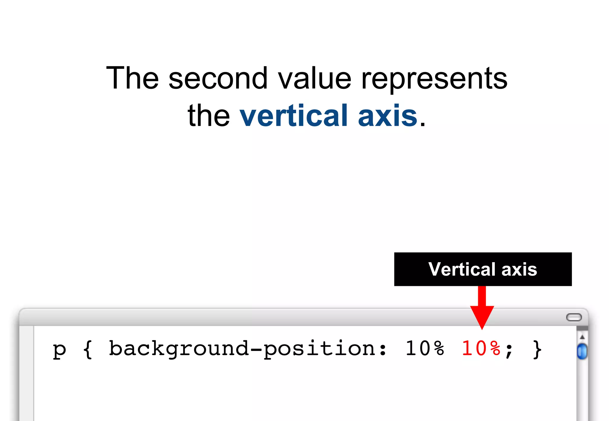 The second value represents
        the vertical axis.



                          Vertical axis



p { background-position: 10% 10%; }
 