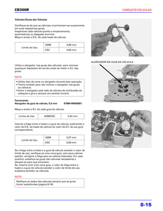 CB300R                                                                                CABEÇOTE/VÁLVULAS


Válvulas/Guias das Válvulas

Certifique-se de que as válvulas movimentam-se suavemente
em suas respectivas guias.
Inspecione cada válvula quanto a empenamento,
queimaduras ou desgaste anormal.
Meça e anote o D.E. de cada haste de válvula.


                           ADM                 4,96 mm
      Limite de Uso
                           ESC                 4,94 mm




                                                                  ALARGADOR DA GUIA DA VÁLVULA
Utilize o alargador nas guias das válvulas para remover
quaisquer depósitos de carvão antes de medir o D.I. das
guias.

NOTA
 • Utilize óleo de corte no alargador durante esta operação.
 • Tenha cuidado para não inclinar o alargador nas guias
   ao utilizá-lo.
 • Insira o alargador pelo lado da câmara de combustão do
   cabeçote e gire-o sempre em sentido horário.

Ferramenta:
Alargador da guia da válvula, 5,0 mm        07984-MA60001

Meça e anote o D.I. de cada guia da válvula.

   Limite de Uso          ADM/ESC               5,03 mm


Calcule a folga entre a haste e a guia da válvula, subtraindo o
valor de D.E. da haste da válvula do valor de D.I. de sua guia
correspondente.


                           ADM                 0,07 mm
      Limite de Uso
                           ESC                 0,09 mm


Se a folga entre a haste e a guia da válvula exceder o valor de
limite de uso, verifique se uma nova guia, com seus valores
padrão, corrigiria a folga para os valores tolerados. Em caso
positivo, substitua as guias das válvulas necessárias e
alargue-as para que encaixem.
Se, mesmo com uma nova guia, o valor da folga entre a
haste e a guia da válvula exceder o valor de limite de uso,
substitua também as válvulas.

NOTA
 Retifique as sedes das válvulas sempre que as guias
 forem substituídas (página 8-18).




                                                                                                 8-15
 