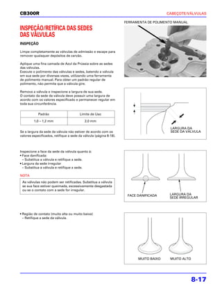 CB300R                                                                                  CABEÇOTE/VÁLVULAS

                                                                    FERRAMENTA DE POLIMENTO MANUAL

INSPEÇÃO/RETÍFICA DAS SEDES
DAS VÁLVULAS
INSPEÇÃO

Limpe completamente as válvulas de admissão e escape para
remover quaisquer depósitos de carvão.

Aplique uma fina camada de Azul da Prússia sobre as sedes
das válvulas.
Execute o polimento das válvulas e sedes, batendo a válvula
em sua sede por diversas vezes, utilizando uma ferramenta
de polimento manual. Para obter um padrão regular de
polimento, não permita que a válvula gire.

Remova a válvula e inspecione a largura de sua sede.
O contato da sede da válvula deve possuir uma largura de
acordo com os valores especificado e permanecer regular em
toda sua circunferência.


            Padrão                      Limite de Uso

         1,0 – 1,2 mm                       2,0 mm

                                                                                         LARGURA DA
Se a largura da sede da válvula não estiver de acordo com os                             SEDE DA VÁLVULA
valores especificados, retifique a sede da válvula (página 8-18).



Inspecione a face da sede da válvula quanto à:
• Face danificada:
  – Substitua a válvula e retifique a sede.
• Largura da sede irregular
  – Substitua a válvula e retifique a sede.

NOTA
 As válvulas não podem ser retificadas. Substitua a válvula
 se sua face estiver queimada, excessivamente desgastada
 ou se o contato com a sede for irregular.
                                                                     FACE DANIFICADA     LARGURA DA
                                                                                         SEDE IRREGULAR



• Região de contato (muito alta ou muito baixa)
  – Retifique a sede da válvula.




                                                                          MUITO BAIXO    MUITO ALTO




                                                                                                      8-17
 