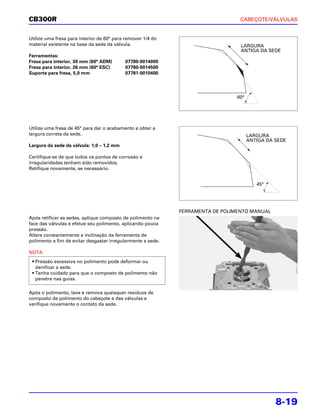 CB300R                                                                           CABEÇOTE/VÁLVULAS


Utilize uma fresa para interior de 60° para remover 1/4 do
material existente na base da sede da válvula.                                   LARGURA
                                                                                 ANTIGA DA SEDE
Ferramentas:
Fresa para interior, 30 mm (60° ADM)       07780-0014000
Fresa para interior, 26 mm (60° ESC)       07780-0014500
Suporte para fresa, 5,0 mm                 07781-0010400




                                                                                60°




Utilize uma fresa de 45° para dar o acabamento e obter a
largura correta da sede.                                                              LARGURA
                                                                                      ANTIGA DA SEDE
Largura da sede da válvula: 1,0 – 1,2 mm

Certifique-se de que todos os pontos de corrosão e
irregularidades tenham sido removidos.
Retifique novamente, se necessário.


                                                                                         45°




                                                             FERRAMENTA DE POLIMENTO MANUAL
Após retificar as sedes, aplique composto de polimento na
face das válvulas e efetue seu polimento, aplicando pouca
pressão.
Altere constantemente a inclinação da ferramenta de
polimento a fim de evitar desgastar irregularmente a sede.

NOTA
 • Pressão excessiva no polimento pode deformar ou
   danificar a sede.
 • Tenha cuidado para que o composto de polimento não
   penetre nas guias.

Após o polimento, lave e remova quaisquer resíduos de
composto de polimento do cabeçote e das válvulas e
verifique novamente o contato da sede.




                                                                                                8-19
 